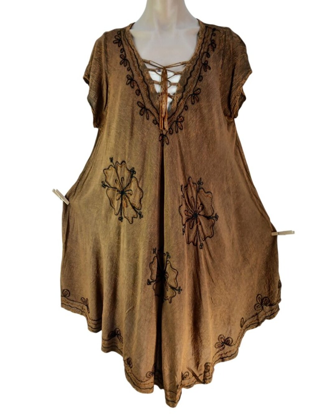 Riviera Sun Womens Plus Size Brown Embroidered Tunic Dress Size 2X Lace Up Boho - Picture 2 of 11